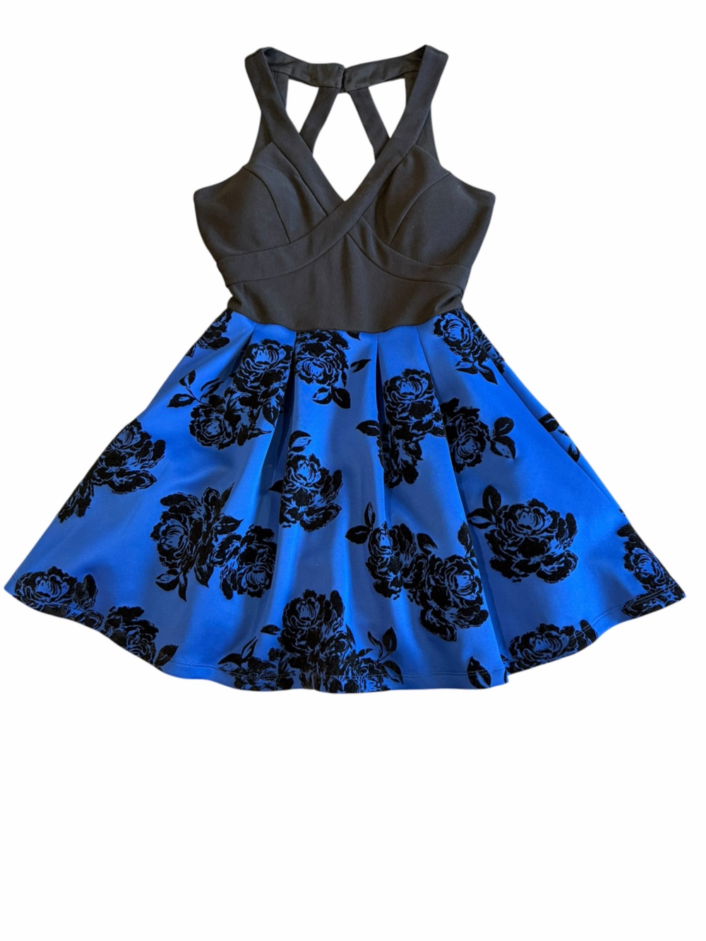 Crystal Doll Black Blue Flocked Rose Fit Flare Homecoming Dress Size 1